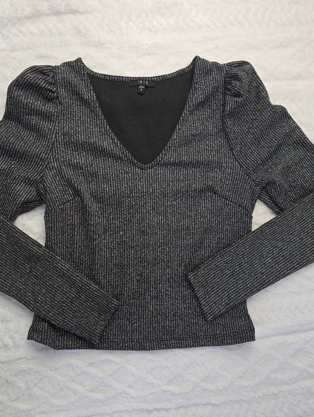 Iris Metallic Rib Knit V-neck Puff Shoulder Top Shimmer Fitted Long Sleeve S